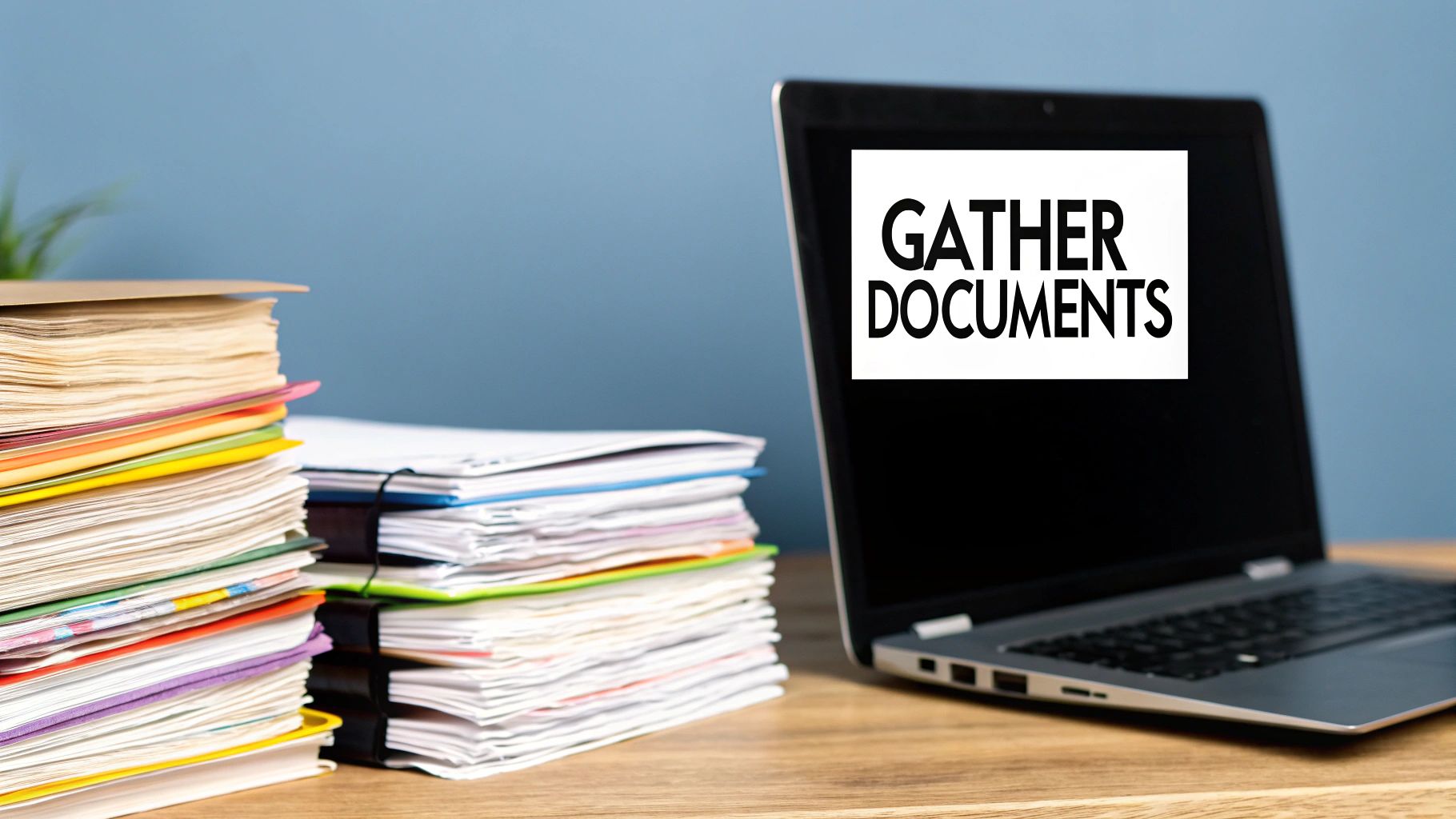 A person at a desk organizing financial documents and working on a laptop, signifying audit preparation.