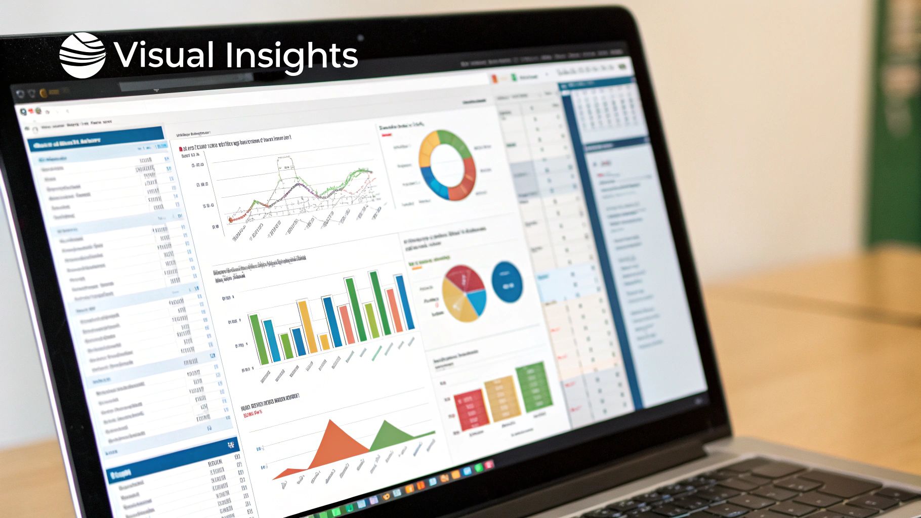 A vibrant dashboard with pie charts and line graphs, representing at-a-glance financial insights from an Excel spreadsheet.