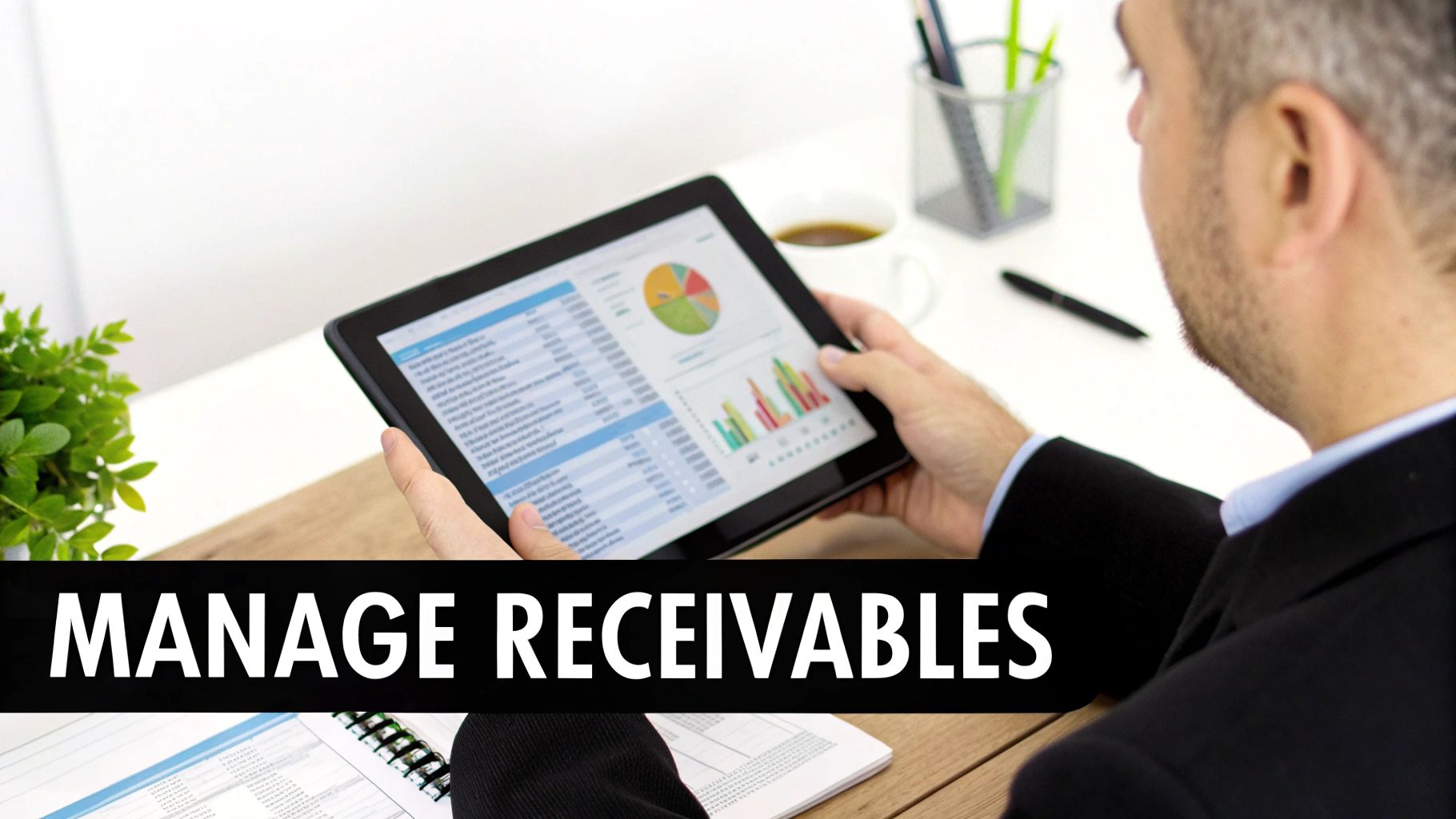 A manager reviewing a financial report on a tablet, with charts showing cash flow and receivables data.