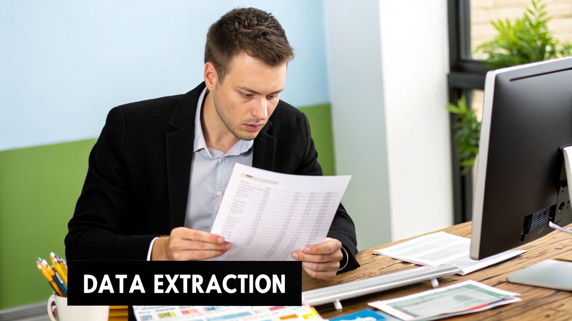 A finance professional analyzing charts and data on a computer screen, representing financial data extraction