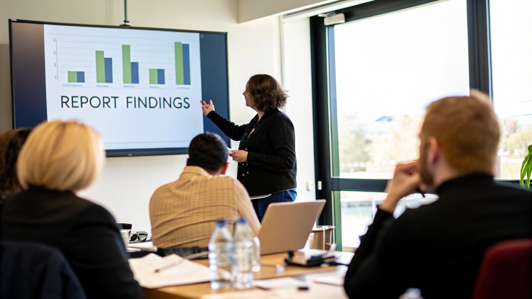 A team of professionals in a meeting room reviewing a finalized audit report on a large screen.