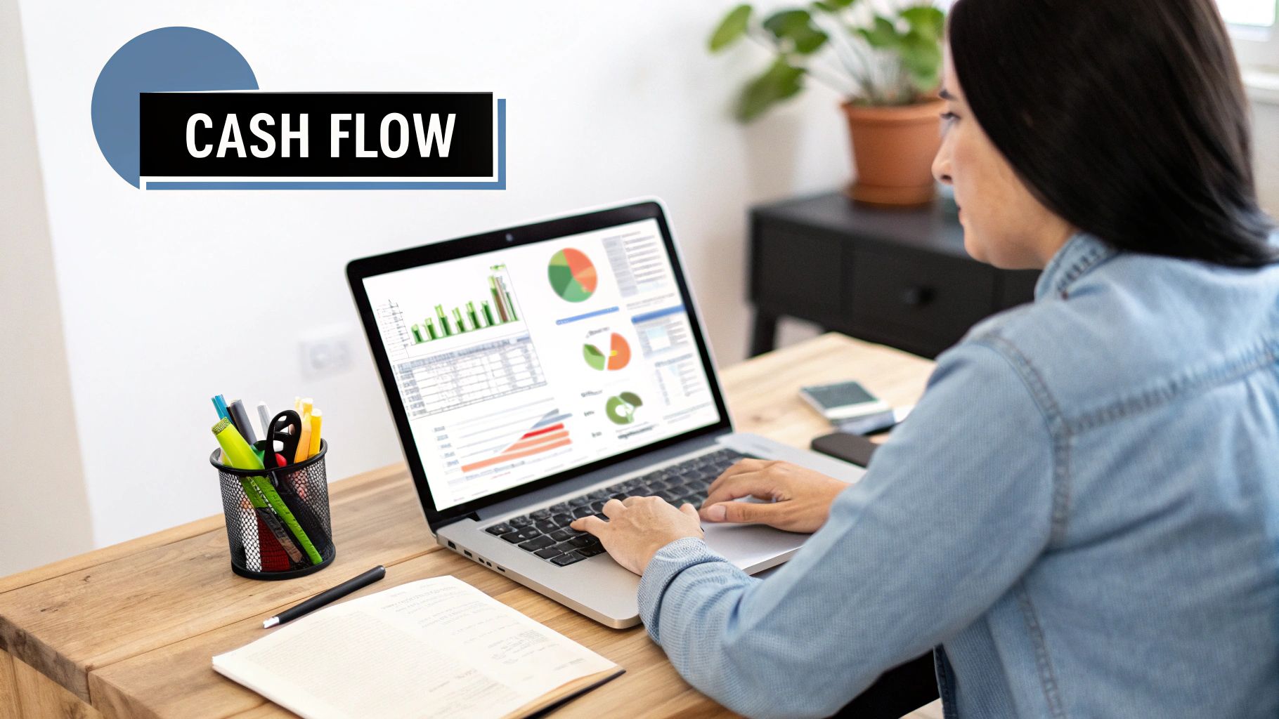 A business owner reviewing financial reports and cash flow statements on a tablet, with charts and graphs indicating business performance.