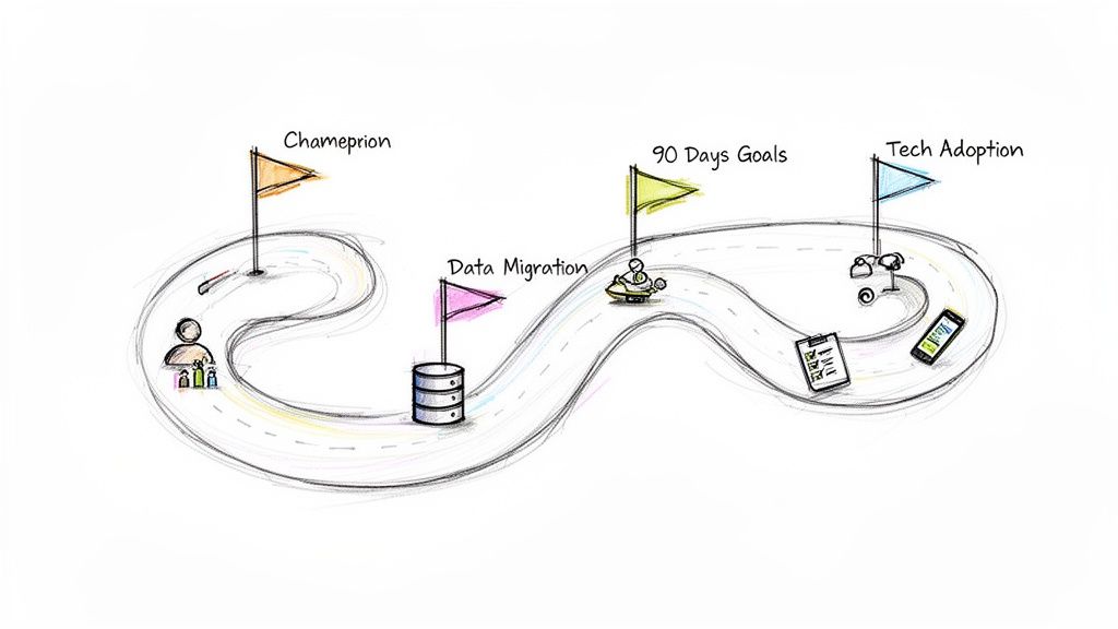 A winding road visualizes project milestones including data migration, 90-day goals, and technology adoption.