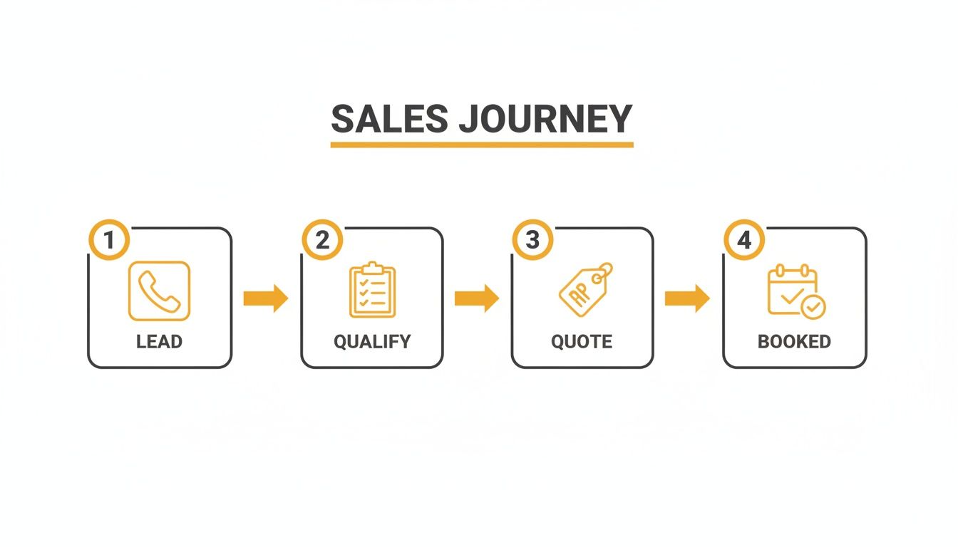 Flowchart illustrating the four-step sales journey: Lead, Qualify, Quote, and Booked.