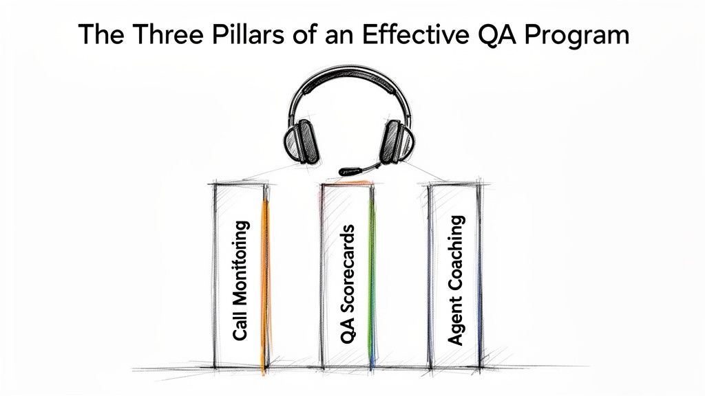 Illustration depicting the three pillars of an effective QA program: Call Monitoring, QA Scorecards, and Agent Coaching, with a headset on top.