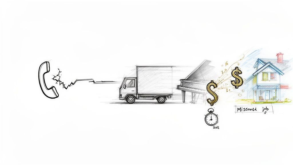 A broken phone line, moving truck, and piano lead to lost dollar signs and a missed Saturday job.