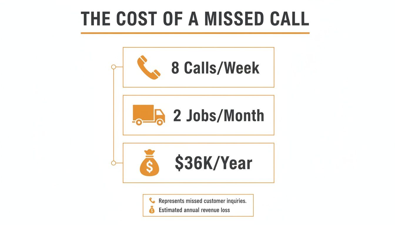 Infographic illustrating the financial impact of missed customer calls, showing weekly calls, monthly jobs, and annual revenue loss.