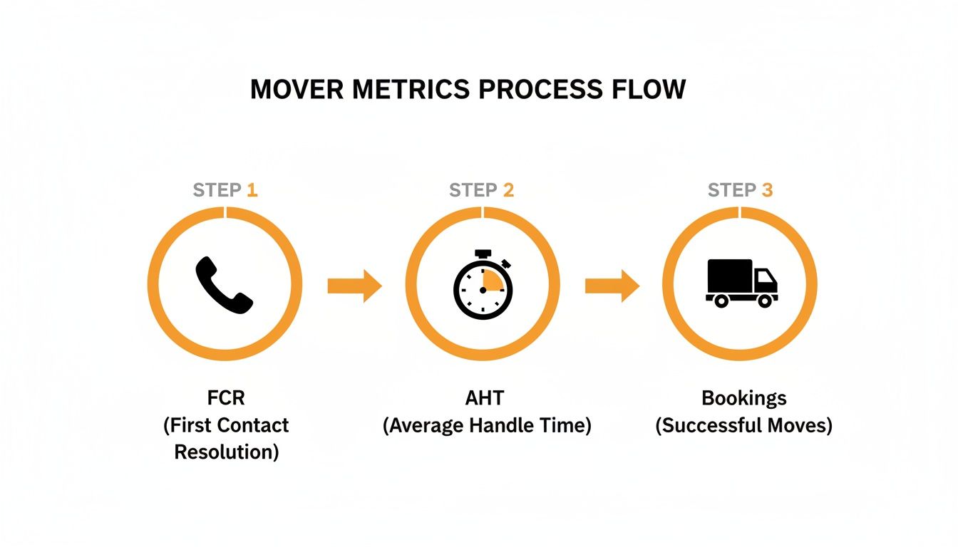 Process flow diagram showing mover metrics: FCR (First Contact Resolution), AHT (Average Handle Time), and Bookings.