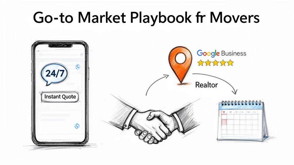 A go-to market playbook for movers, illustrating a phone with instant quotes, Google Business, realtors, a handshake, and a calendar.