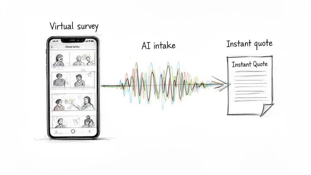 A virtual survey on a smartphone processes through AI to generate an instant quote.