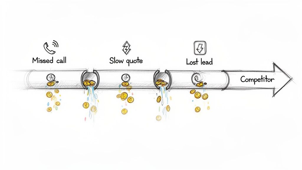 Illustration of a sales pipeline losing money through missed calls, slow quotes, and lost leads to competitors.
