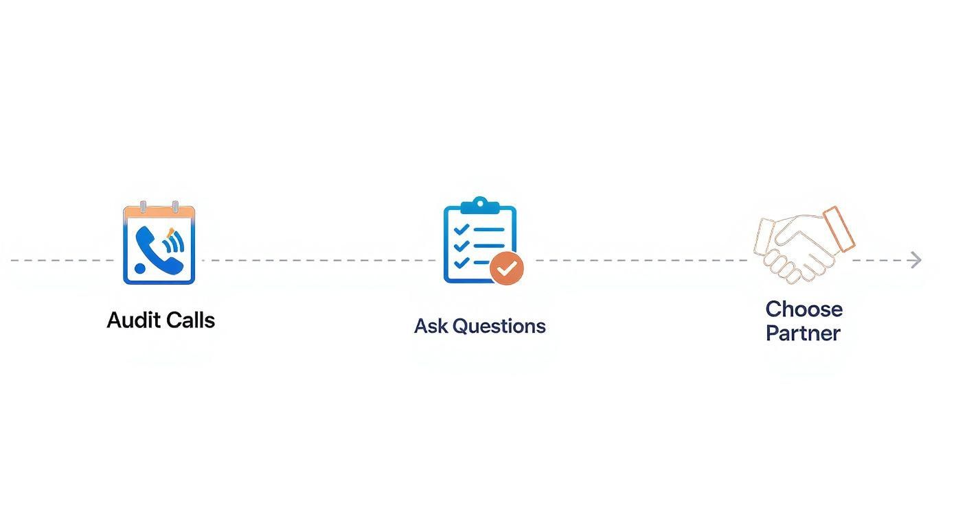 A visual workflow showing three steps: Audit Calls, Ask Questions, and Choose Partner.