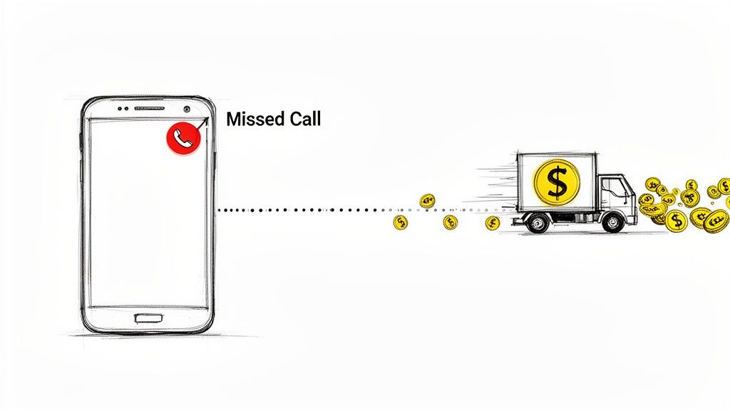 A missed call on a smartphone leads to money flying away from a dollar sign delivery truck.