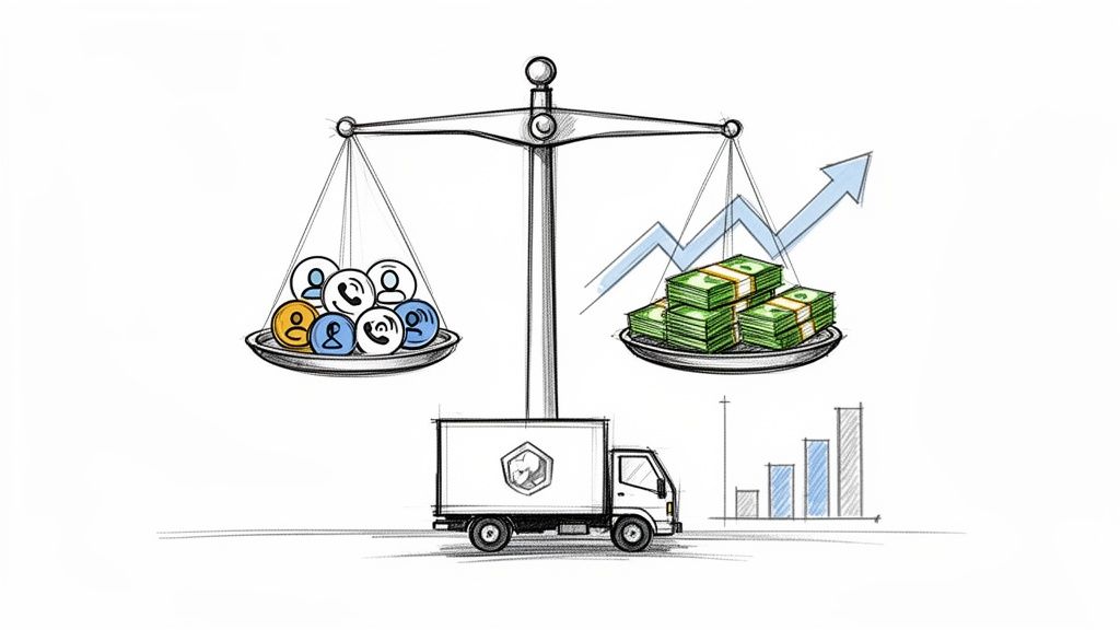 An illustration of a balance scale weighing customer service and communication against money and growth.