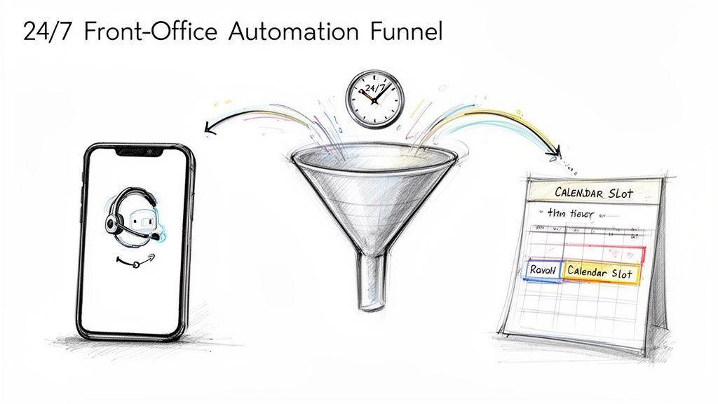 A diagram showing a 24/7 front-office automation funnel, from chatbot on a phone to a calendar slot.