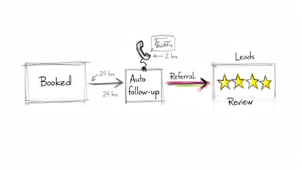 Flowchart illustrating a sales process: Booked -> Auto follow-up -> Referrals, Leads, 4-star Reviews.
