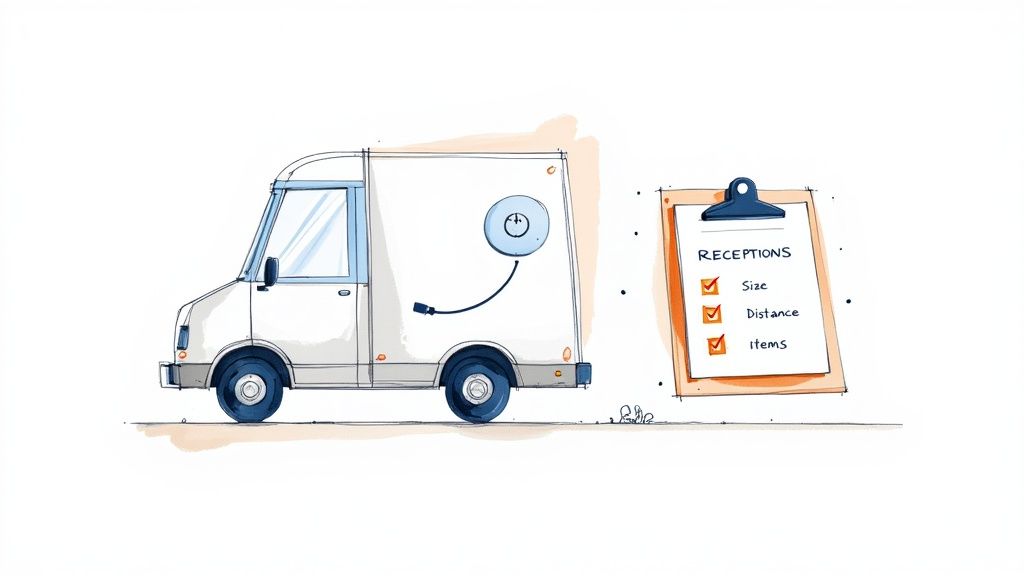 A white delivery van with a tracking device next to a clipboard listing reception details like size, distance, and items.