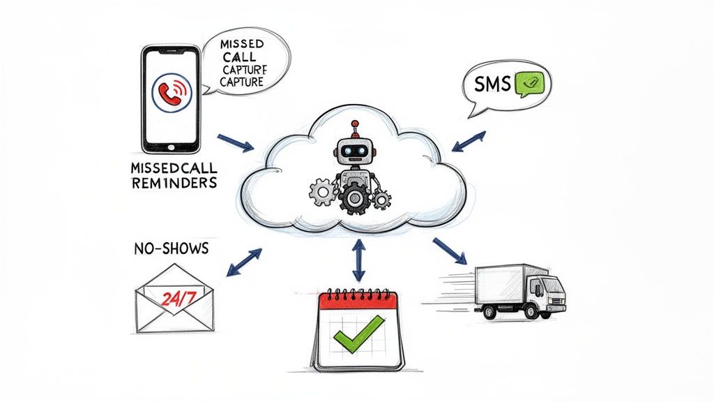 An automated cloud system with a robot manages missed calls, SMS reminders, no-shows, appointments, and logistics.
