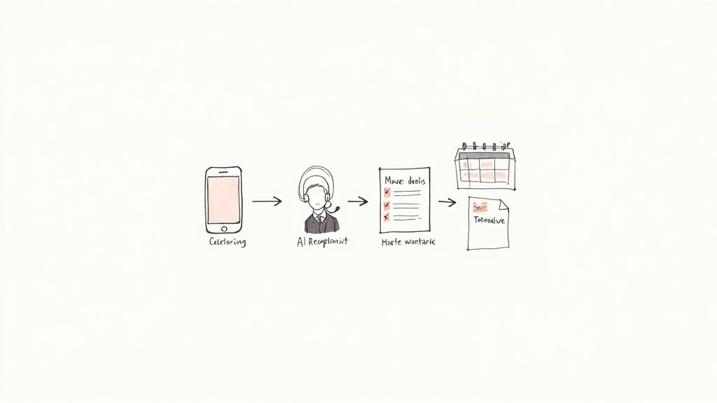 Diagram illustrating a call handled by an AI receptionist, processing tasks, and managing appointments and documents.