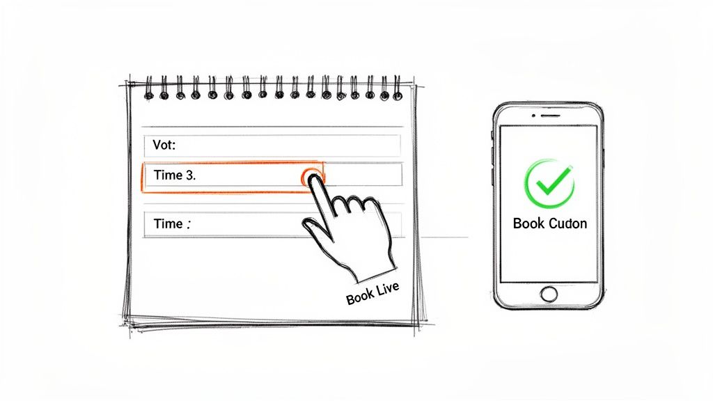 A hand taps a time slot on a sketched calendar, confirming a live booking on a smartphone.