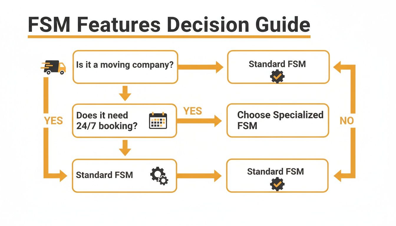 Decision guide flowchart to choose between Standard and Specialized Field Service Management features.