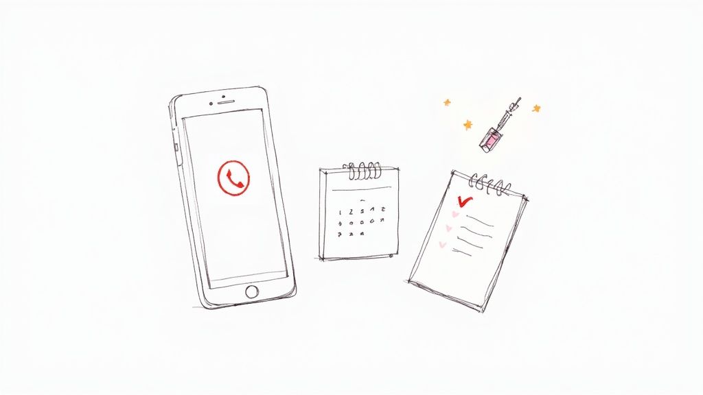 Hand-drawn icons for phone calls, appointments, to-do lists, and beauty routine.