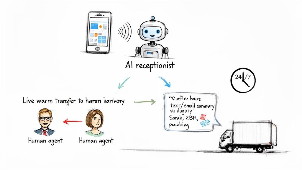 A diagram shows an AI receptionist handling calls, either transferring to human agents or processing after-hours requests.