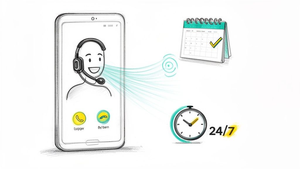 Illustration of a customer service agent on a smartphone with a calendar and 24/7 clock, representing constant support.