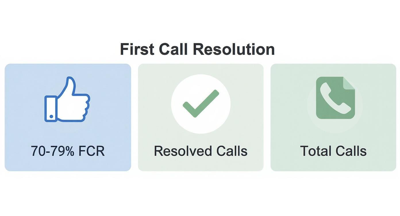 Infographic showing First Call Resolution (FCR) metrics: 70-79% FCR, resolved calls, and total calls.