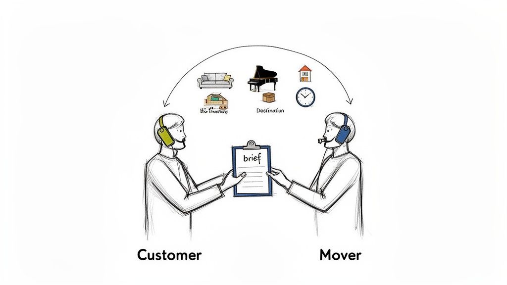 A customer briefing a mover with details about inventory, destination, and timing for a move.