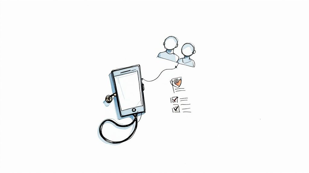 Illustration of a smartphone connecting a medical device to two people and a health checklist.