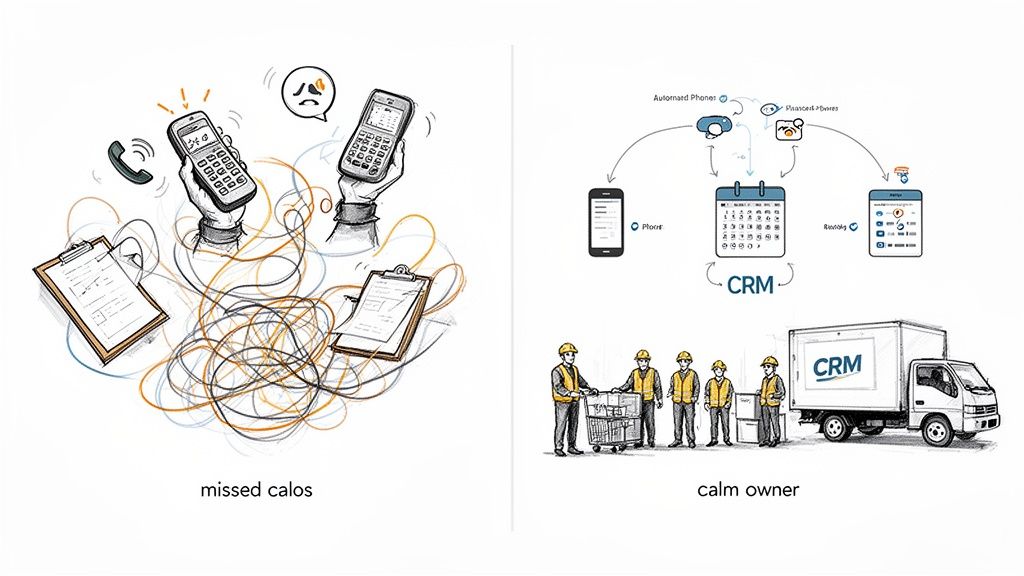 Chaotic missed calls with manual clipboards contrasted with an organized CRM system and calm operations.