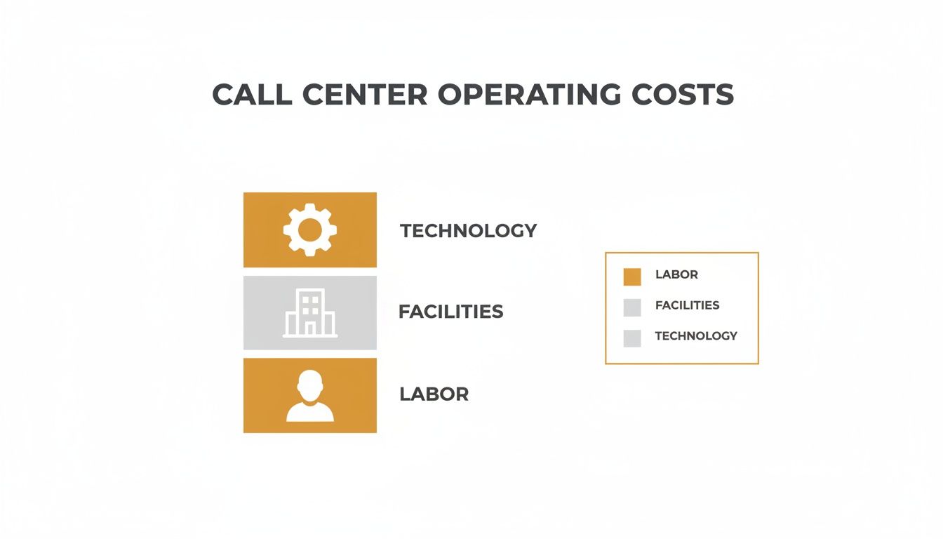 A graphic illustrating call center operating costs, broken down into technology, facilities, and labor categories.