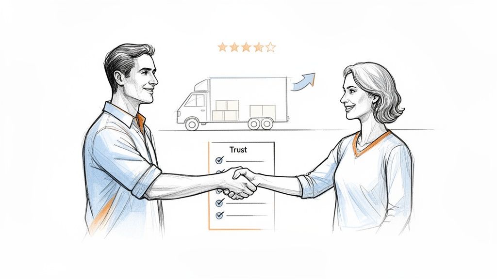 Sketch of a man and woman shaking hands, symbolizing customer trust and reliable delivery service.
