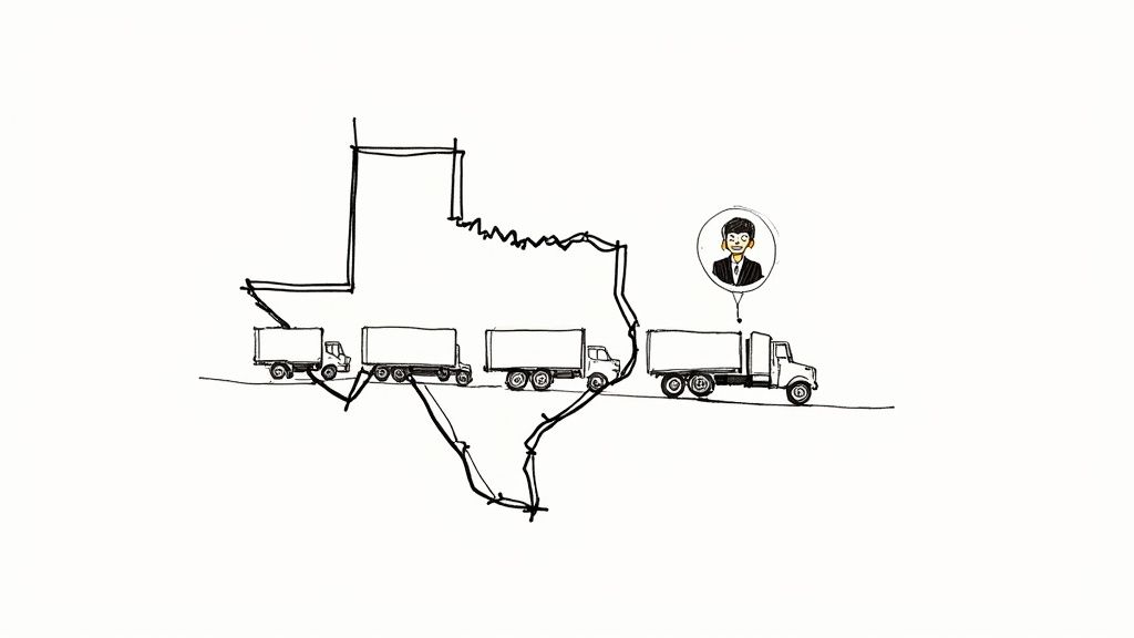 An outlined map of Texas with four semi-trucks driving along a route, connecting to a person.