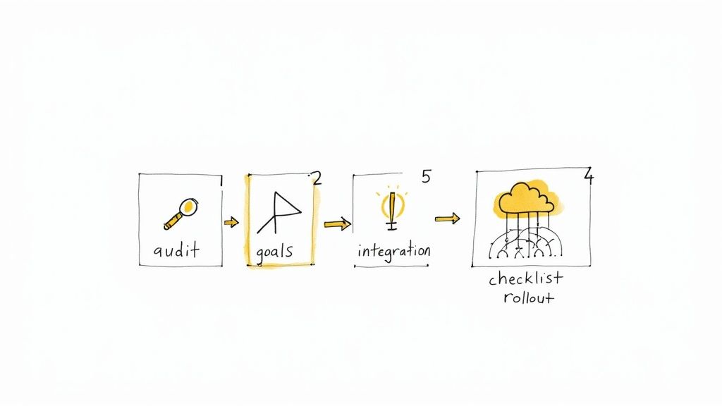 A hand-drawn process flow diagram outlining steps: audit, goals, integration, and checklist rollout.