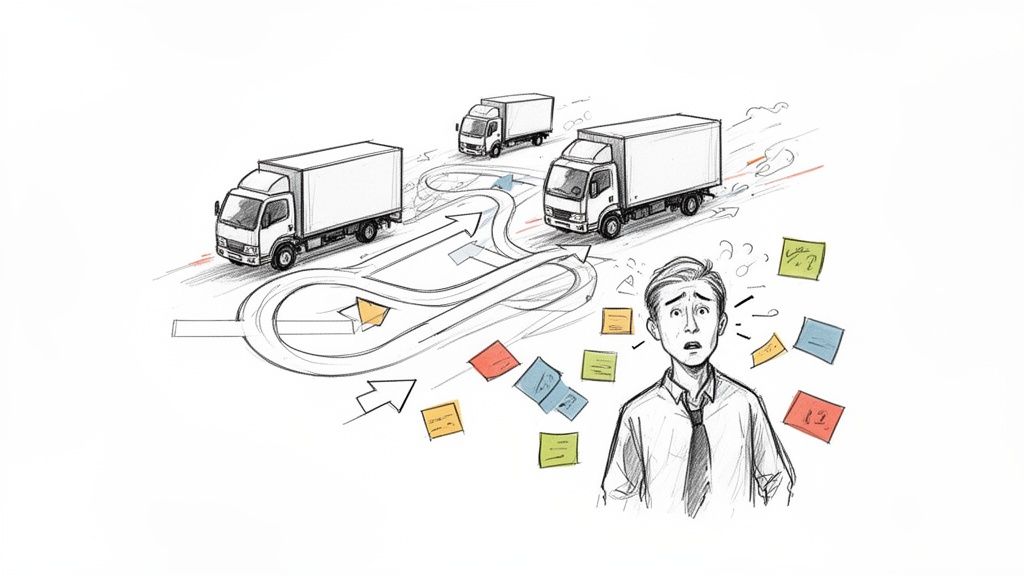 A man looks overwhelmed by complex logistics, represented by three delivery trucks on a winding route and floating sticky notes.