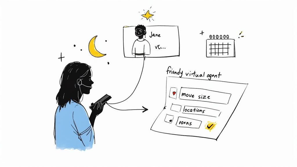 A customer service agent with a headset interacts with a friendly virtual agent interface at night.