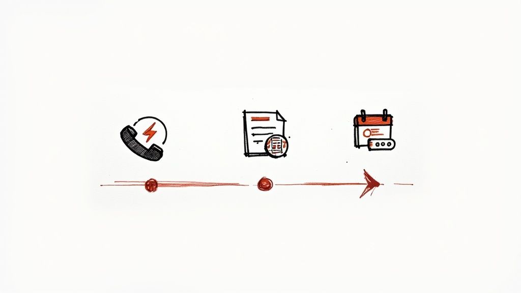 Hand-drawn icons depicting a process: phone call, document review, and calendar scheduling on a timeline.