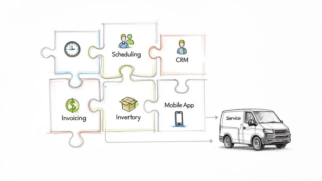 Puzzle pieces illustrating integrated business functions: scheduling, CRM, invoicing, inventory, mobile app, leading to service delivery.