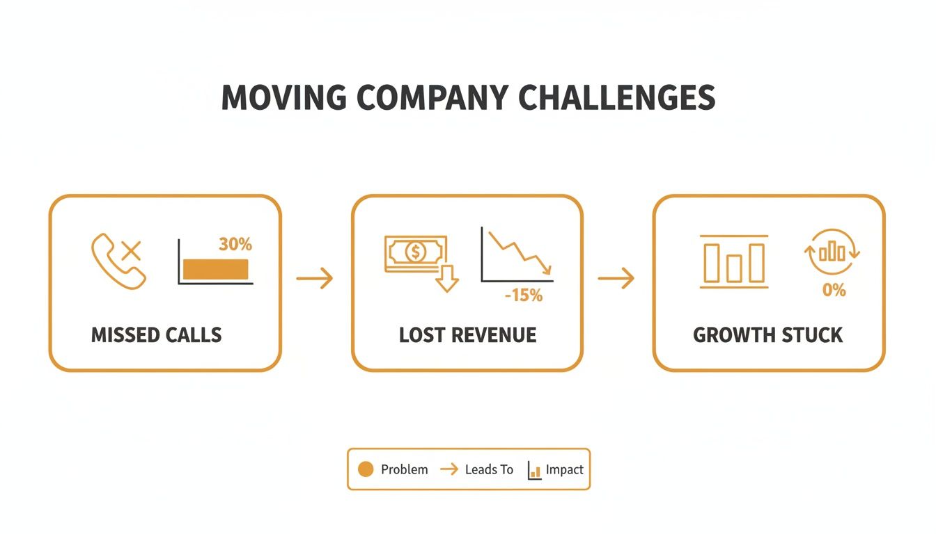 Diagram illustrating moving company challenges: 30% missed calls lead to 15% lost revenue and zero growth.