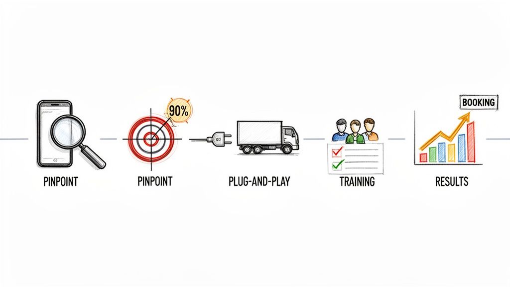 Diagram showing a customer service automation software process from pinpointing to increased booking results.