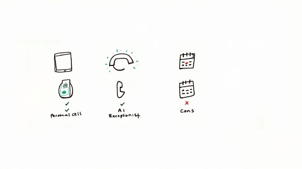 Hand-drawn icons illustrating options for call management: personal cell, AI receptionist, and cons.