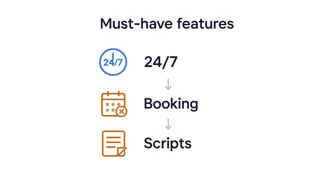 A list of must-have features for a phone answering service: 24/7, Booking, and Scripts.