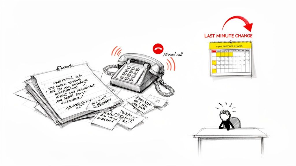 Illustration of a chaotic desk with a ringing phone, missed call, last-minute calendar change, and a stressed worker.