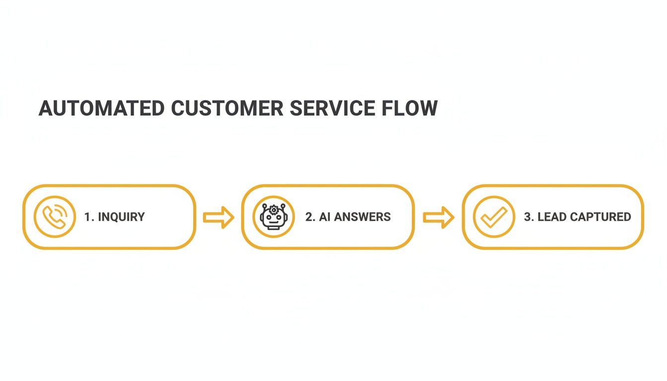 Diagram illustrating a three-step automated customer service workflow: inquiry, AI answers, and lead captured.