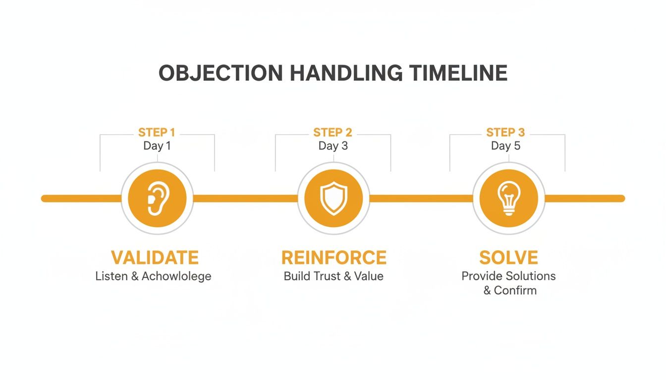 Objection handling timeline showing three steps: Validate, Reinforce, and Solve with associated days.