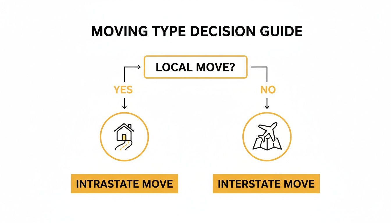 A decision guide flowchart illustrating moving types: local moves are intrastate, non-local moves are interstate.