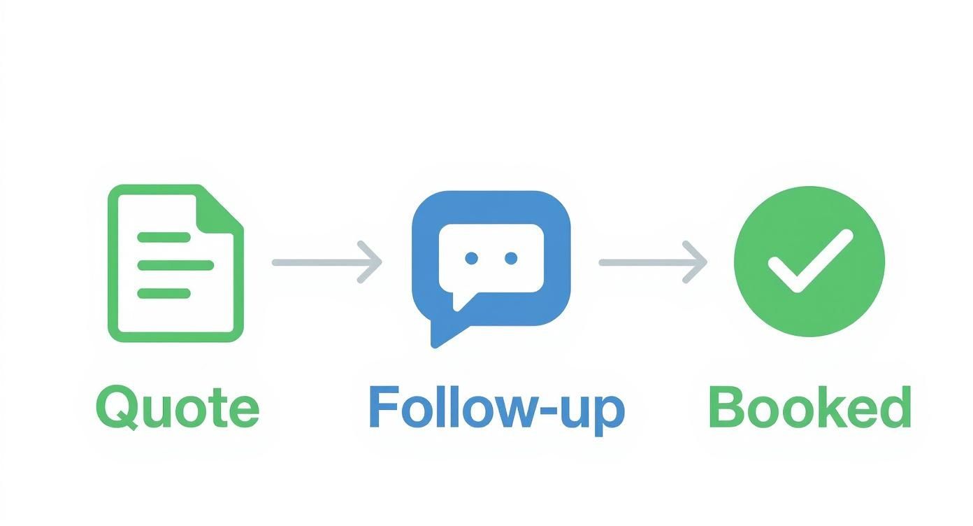 A three-step process showing 'Quote' (document), 'Follow-up' (chat bubble), and 'Booked' (checkmark) with arrows in between.