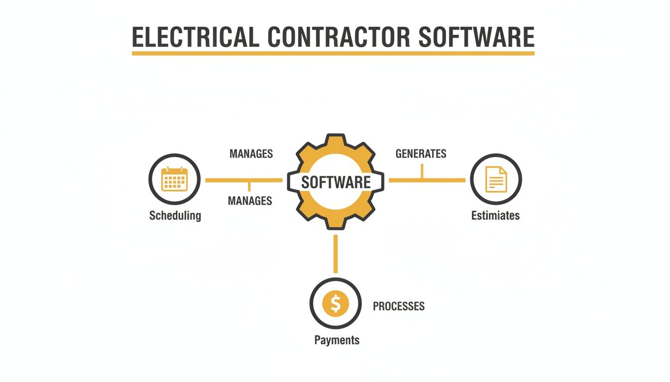 A diagram illustrating electrical contractor software managing scheduling, generating estimates, and processing payments.